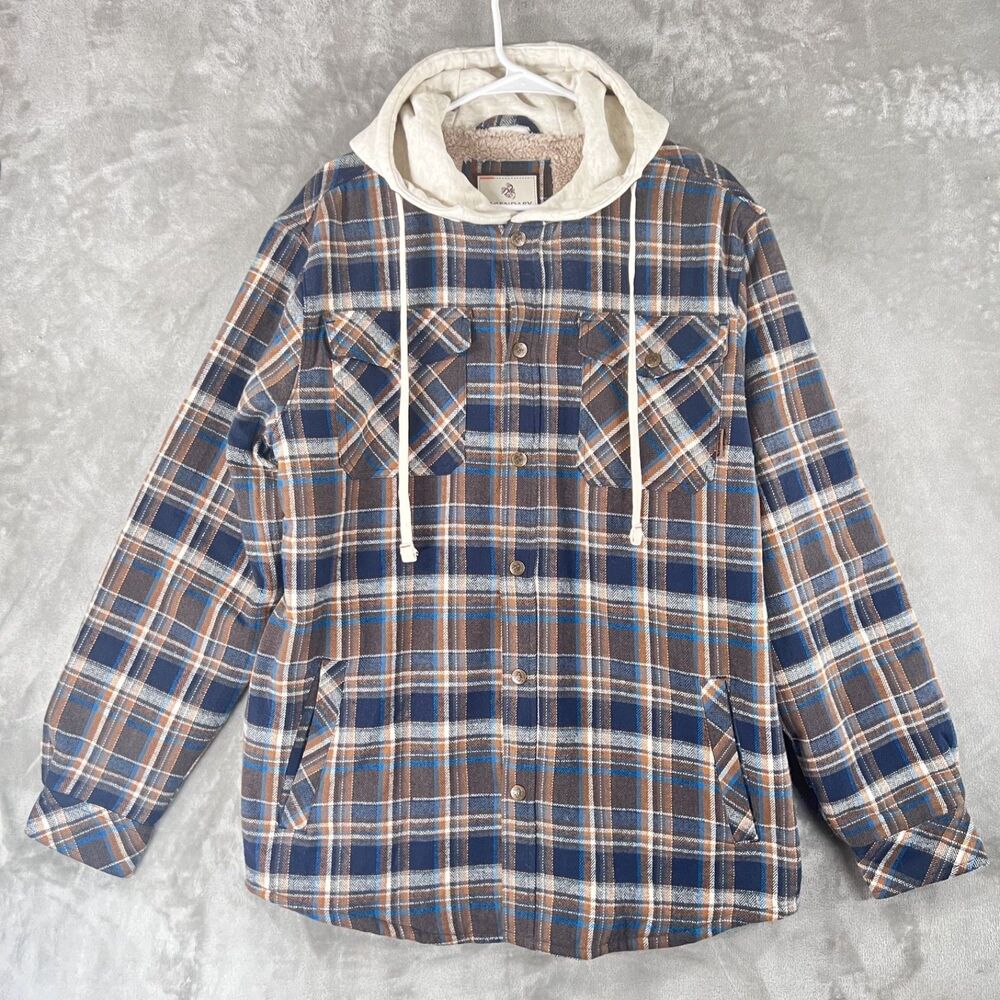 Legendary Whitetails Mens L Plaid Hooded Flannel Jacket Sherpa Lined Camp Night